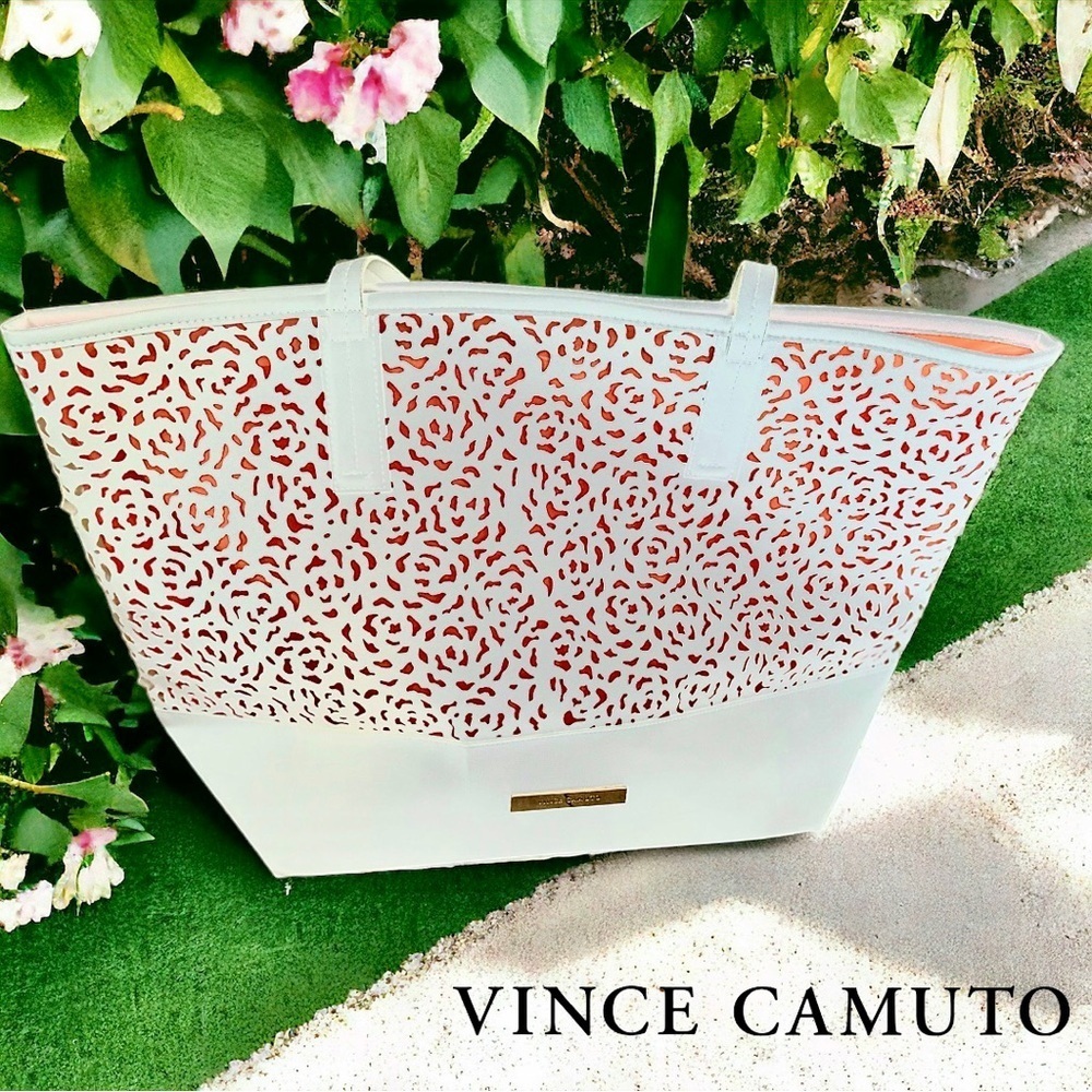 Vince Camuto White Vegan Leather Tote with laser cuts - Picture 1 of 16